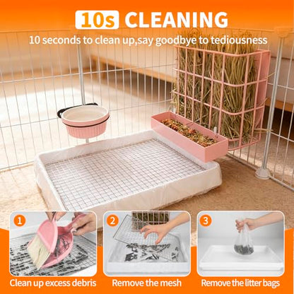 BESNEW 3 in 1 Rabbit Hay Feeder with Litter Box,Upgraded Metal Hay Rack & Litter Tray & Water Bowl,Quick Cleaning,Easy to Install,Bunny Supplies for Rabbit Guinea Pig Chinchilla Small Animals - color: Pink, size: 10in set
