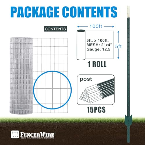 Fencer Wire 12.5-Gauge 5 ft. x 100 ft. Galvanized Welded Fence Wire Roll with 15 pcs 7 ft T-Posts, Farm & Garden Fencing Kit