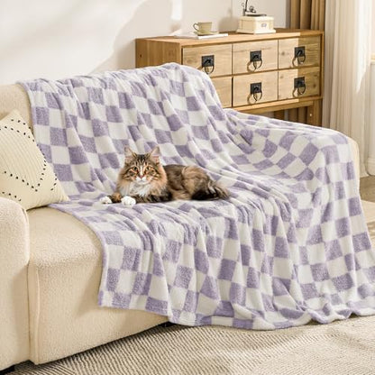EMME Checkered Blanket Twin Size - 60"x80" Lavender Knit Blanket Soft Fluffy Patterned Throw Blankets for Couch, Sofa, Chair, Bed, Camping, Picnic, Travel - color: 24-checkered Lavender, size: Twin