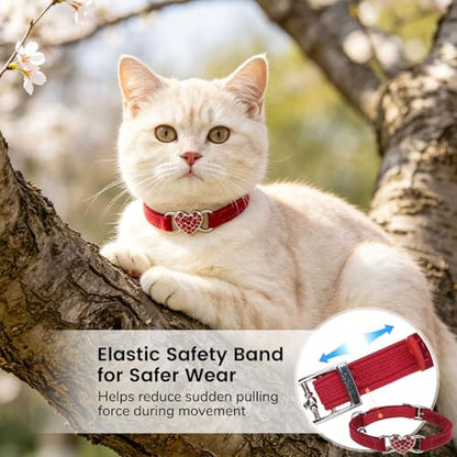 BINGPET Diamond Cat Collar with Bell, Adjustable Kitten Collar, Red - color: Red(Heart), size: Neck Girth 8"-10"
