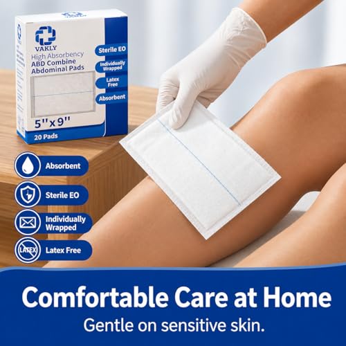 Vakly Sterile Abdominal ABD Combine Pads 5x9, High Absorbency Gauze, 20 Pk | Non-adherent, wound dressing, first aid pads, surgical pads, post op care, trauma pads, individually wrapped, heavy drainage