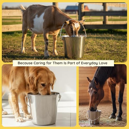 9 quart Heavy Duty Stainless Steel Round Bucket with Handle | 2.25 gal Sturdy Food & Water Bowl for XL Dog Goat sheep Horse & Livestock | Fits kennel Crate Farm | Hanging Utility Pet Pail - size: 9 Quarts