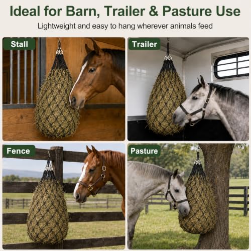 Hay Bags for Horses, 40 Inch Slow Feed Hay Nets for Horses 2 Pack, 2" Small Holes Polyester Rope Hay Net with Large Opening and Drawstring Closure for Goats Sheep Cattle, Stall Trailer Pasture