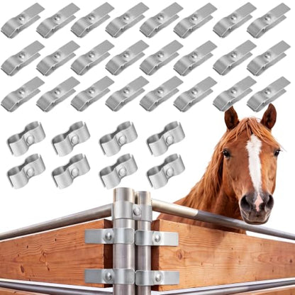 32 Pack 1-5/8" Horse Stall Panel Clamps Kit, Galvanized Steel | 24 U-type and 8 Saddle Clamps, Reduces Wobble Without Welding, 0.35 mm, Rust-resistant, for Stalls Circular Fences Kennels