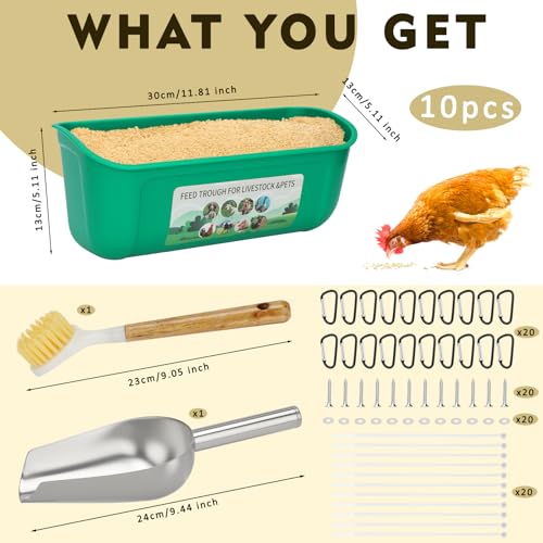 10 Pack Fence Feed Feeder 4.5 Quart Hanging Chicken Feeder Trough with Brush & Scoop Green Goat Hanging Fence Feeders Feeder with Hooks Screws & Zip Tie for Livestock Feeding Container Goats Supplies - color: Green, size: 10 Pack