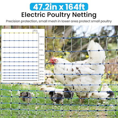 Poultry Netting Electric Fence,47.2" H x 164'L, Electric Chickens Fence | for Chickens, Ducks, Turkeys, PE Net Fencing Kit with Posts & Double-Spiked Stakes, Used in Backyards, Farms - size: 47.2" H x 164'L