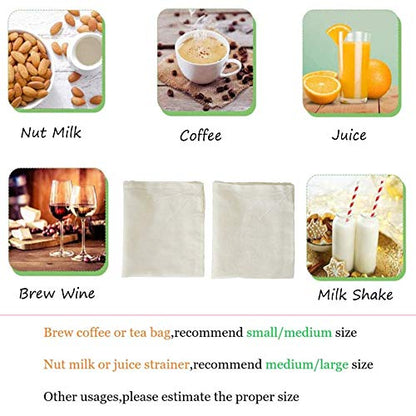 AUXIN Nut Milk Bags, 100% Cotton Cheesecloth Bags, Yogurt/Coffee/Tea Strainer, Reusable Almond/Oat Milk, Juice, Cold Brew Coffee, Food Grade, Reusable Washable Strainer (Mixed Size, 5 Pack) - size: Mixed Size, 5 Pack