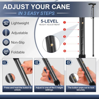 supregear Folding Cane, 5-Level Adjustable Height Walking Stick Lightweight Collapsible Portable Travel Cane with Wrist Strap and T Handle for Elderly Disabled Men Women - color: Dark Grey