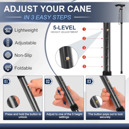 supregear Folding Cane, 5-Level Adjustable Height Walking Stick Lightweight Collapsible Portable Travel Cane with Wrist Strap and T Handle for Elderly Disabled Men Women - color: Dark Grey