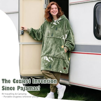 Catalonia Oversized Blanket Hoodie, Mountains Fleece Wearable Blanket - color: Camping Green