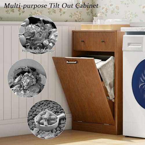 10 Gallon Tilt Out Trash Can Cabinet with Drawer, Hidden Trash Bin Storage & Laundry Hamper Cabinet, Pet Proof Trash Can Holder for Kitchen, Laundry Room & Bathroom, Walnut - color: Walnut