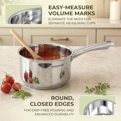 Sunhouse: Stainless Steel Saucepan - Classic: 2 Quart - Tempered Glass Lid, 3-Ply Bottom, Round-Edge Cookware Pot, All Cooktop-Oven-Dishwasher Safe