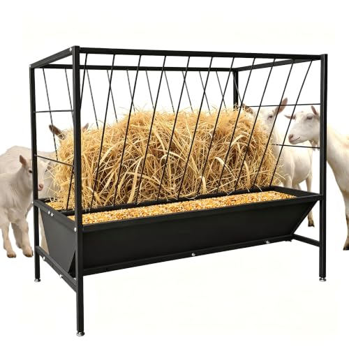 Garvee Pasture Hay Feeder 45 Gallon, 2 in 1 Hay and Grain Feeder, Black | Heavy-Duty Steel Hay Grain Livestock Feeder with 24 Gallon Feed Pan, Livestock Feeding Trough for Goats, Calves, Cow, Horse