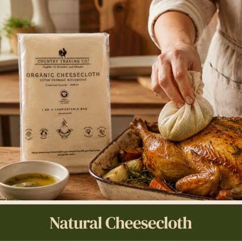 Country Trading Co. Organic Cheesecloth, Grade 120 Extra-Fine Weave, 2 Hemmed Squares, GOTS Certified Unbleached Cotton, Reusable Straining Cloth for Cheese, Nut Milk, Yogurt & Kombucha - size: 2.8 sq ft (2pcs)