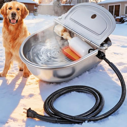 Heated Automatic Dog Water Bowl Dispenser Stainless Steel | Outdoor Heated Dog Bowl with Anti Chew Cord and Automatic Dog Water Dispenser for Dogs, Cats, Chicken, Ducks, Birds