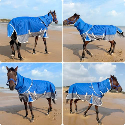 1200D Turnout Horse Blanket with Hood, Medium Weight, Blue/Grey, 72 in - color: Blue/Gray, size: 72 IN