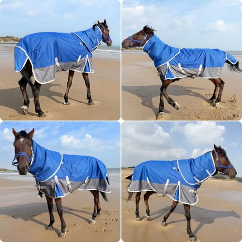 1200D Turnout Horse Blanket with Hood, Medium Weight, Blue/Grey, 81 in - color: Blue/Gray, size: 81 IN