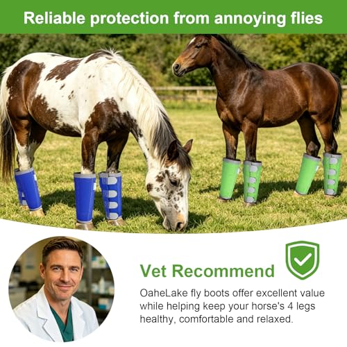 Reflective Horse Fly Boots Set of 4, Breathable Adjustable Equine Fly Leg Wraps for Horses, Universal Fit Loose Fitting Leggings with Stay Put Design (Green) - color: Green