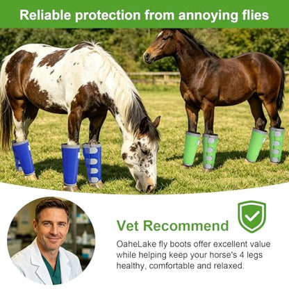 Reflective Horse Fly Boots Set of 4, Breathable Adjustable Equine Fly Leg Wraps for Horses, Universal Fit Loose Fitting Leggings with Stay Put Design (Green) - color: Green