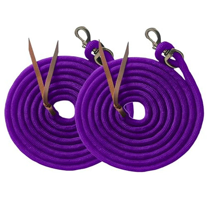 Majestic Ally 14' Pack of 2 Poly Training Lead Rope with Leather Popper for Horses & Livestock – 14 Foot Long and 5/8 inch Thick - Replaceable Heavy-Duty Bolt Snap (Purple) - color: Purple
