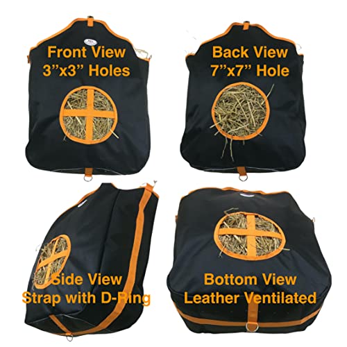 Majestic Ally Nylon Hay Feeder Tote Bag for Horse, Goat, Sheep - Double Sides Open Feed Hole with Faux Leather Ventilated Bottom- Premium Quality -Simulates Grazing - Reduces Waste (Black) - color: Black