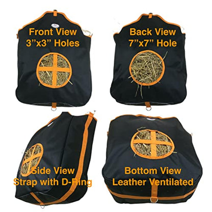 Majestic Ally Nylon Hay Feeder Tote Bag for Horse, Goat, Sheep - Double Sides Open Feed Hole with Faux Leather Ventilated Bottom- Premium Quality -Simulates Grazing - Reduces Waste (Black) - color: Black