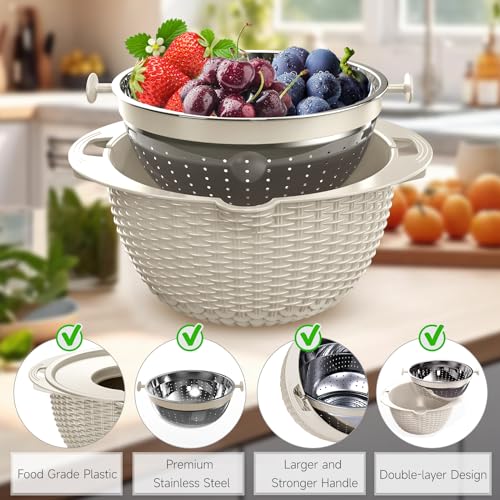 4-1 Colander with Bowl & Spoons Set - Rotatable Colander for kitchen with New Upgraded Graters, Food Strainer(Patented) for Pasta, Fruits, Vegetables, Funny Presents for Women, Beige - color: Beige