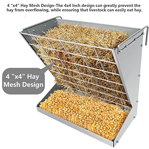 Wall Mount Hay Rack, Metal 2 in 1 Hay and Grain Feeder - color: Silver