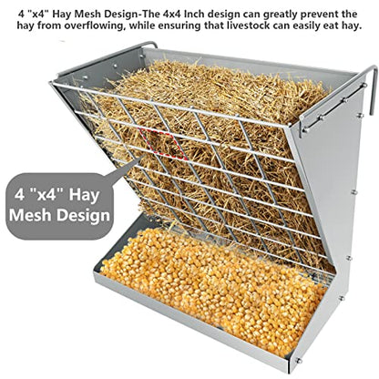 Wall Mount Hay Rack, Metal 2 in 1 Hay and Grain Feeder - color: Silver