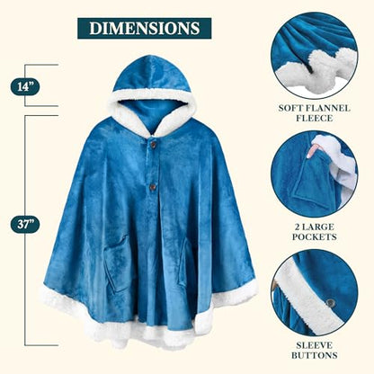 PAVILIA Hooded Blanket Poncho, Fleece Wearable Shawl Wrap Throw, Sea Blue | Fleece Shawl Wrap with Hood, Adult Wearable Blanket, Cozy Warm Poncho Cape Throw with Pockets, Gift for Elderly Mom - color: Sea Blue