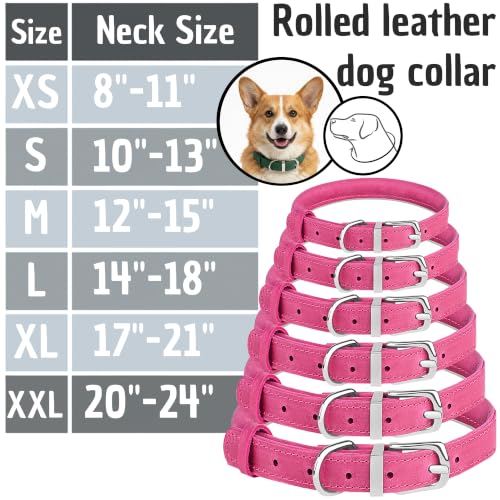 OOPSDOGGY Rolled Leather Dog Collar Reflective – Genuine Leather Round Dog Collar for Small Medium Large Dogs (Fuchsia, 20" – 24") - color: Fuchsia, size: 20" – 24"