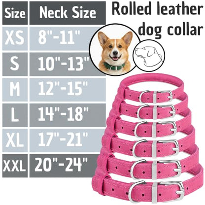 OOPSDOGGY Rolled Leather Dog Collar Reflective – Genuine Leather Round Dog Collar for Small Medium Large Dogs (Fuchsia, 14" – 18") - color: Fuchsia, size: 14" – 18"