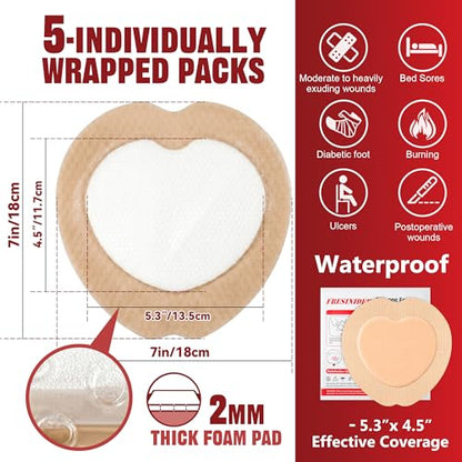 FRESINIDER 7"x7" (Pack of 5) Wound Silicone Sacral Foam Dressing - Sacrum Foam Adhesive with Border - Waterproof Absorbent Breathable Bed Sore Pressure Pads - color: 7" X 7" , 5 Pack