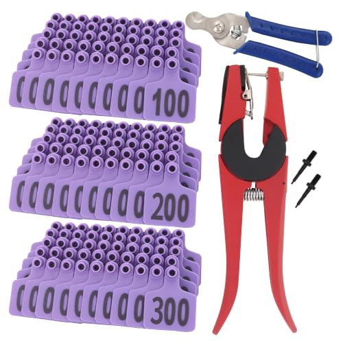 Cattle Ear Tags 001-300, 300Pcs Plastic Livestock Ear Tag for Cows Goats Sheep Pigs with Pliers Applicator & 2 Pins, Animal ID Tags for Ranch Farm Herd Tracking, Laser Print (001-300, Purple) - color: Purple
