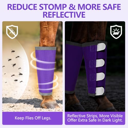 Fly Boots for Horses Set of 4 with Reflective Vercros, Loose Fitting Mesh Horse Fly Boots Leggings, Adjustable Equine Leg Wraps & Socks, Stay Up Not Sag, No Rub - color: Purple