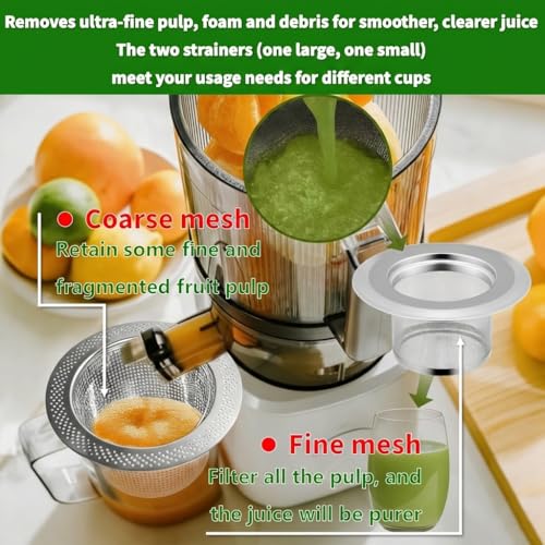 2Pack 304 Stainless Steel Juice Strainer for Nama J2, Hands-Free Pulp Strainer for Juicing, Reusable Fine Mesh Sieve Cap for Cups, Large 5.5in & Small 4.5in for Kitchen, Tea, Soy Milk