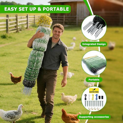 Electric Poultry Netting, 47.2"H x 164'L Electric Chicken Fence Netting | for Chickens, Ducks,Turkeys, Sheep, Geese in Yard, with Posts & Double-Spiked Stakes Farms,Backyards, Garden