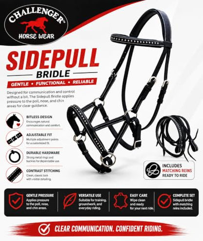 Horse Western Leather Tack Studded Bitless Sidepull Bridle Reins 77RS03 - color: Black
