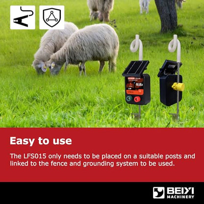 Solar Electric Fence Charger 5 Miles Range 20 Acres 0.15 Joules Energizer | Built-in 3.2V lithium battery & 1.8W solar panel Eco-friendly 0.15J energizer works on cloudy days to secure farms