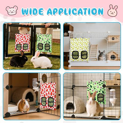 3 Pcs Rabbit Hay Feeder, 2-Hole Hanging Guinea Pig Hay Bags Washable Bunny Hay Bag for Rabbits, Chinchillas, Hamsters, Small Pets and Animals (11.8"×8.7") - color: Green,Red,Yellow