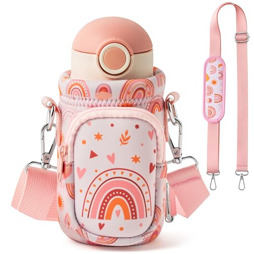 Water Bottle Carrier Bag with Strap for Kids - Water Bottle Bag Holder with Padded Strap Pocket 10/12/14/16/18Oz for Boys Girls School Walking Hiking Camping - style: Boho
