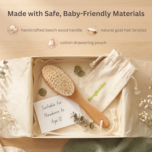 Wooden Baby Hair Brush with Natural Goat-Hair Bristles - Ultra Soft Baby Brush for Newborns & Infants with a Cotton Travel Pouch - Helps with Cradle Cap Care - 21cm Easy Grip Beech Wood Handle - size: Pack of 2