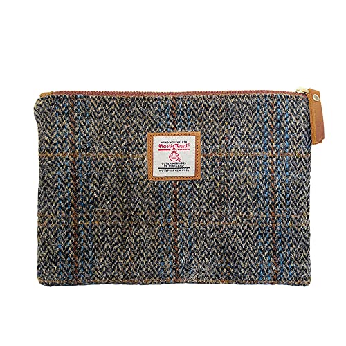 Harris Tweed Handmade Wool Zip Pouch with YKK Zipper Organizer Bag - color: Grey Brown, size: Large
