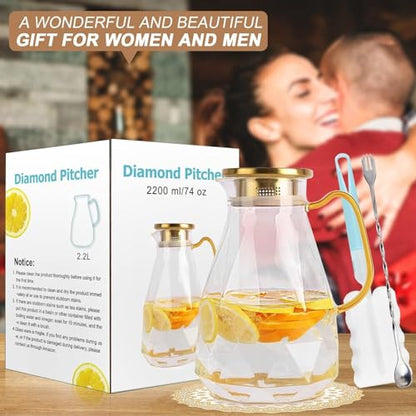 Glass Pitcher, 2.2 Liter Water Pitcher With Lid | Iced Tea Pitcher for Fridge,Carafe With Lid, Glass Water Jug For Juice, Milk, Cold Or Hot Beverages, 2.2 Liter-New - size: 74.7 Ounces