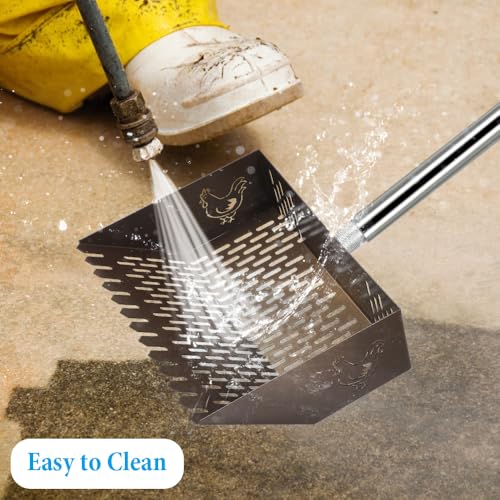 Kalekey Heavy Duty Chicken Coop Rake and Scoop, 15 Inch Extra Large Chicken Coop Rake with Adjustable Stainless Steel Handle (25 to 73 Inch)，Metal Multi-Use Cleaning Shovel for Coops, Beach（Brown）