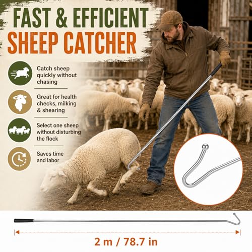 Goat Sheep Catcher Hook, Adjustable 44–75 Inch 5-Section 304 Stainless Steel Sheep Leg Hook with Rounded Ball Tip for Milking, Shearing, Hoof Trimming and Health Checks