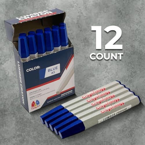 Lumber Crayons – Blue, Pack of 12 | Hexagonal Construction Marking Crayons for Wood, Concrete, Asphalt, Metal | Durable, Smudge-Free, Break-Resistant - color: Blue