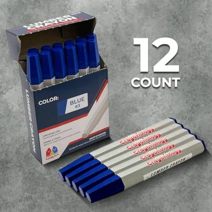 Lumber Crayons – Blue, Pack of 12 | Hexagonal Construction Marking Crayons for Wood, Concrete, Asphalt, Metal | Durable, Smudge-Free, Break-Resistant - color: Blue