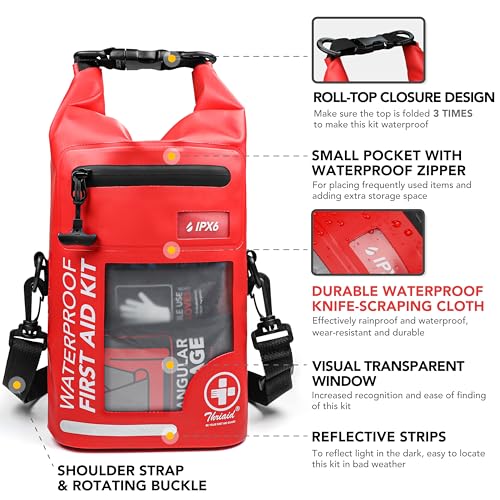 250 PCS Waterproof First Aid Kit, Roll Top Reflective Boat Dry Bag Bug Out Bags, Emergency Medical Kit Ideal for Boating, Camping, Fishing, Kayaking, Floating, Red