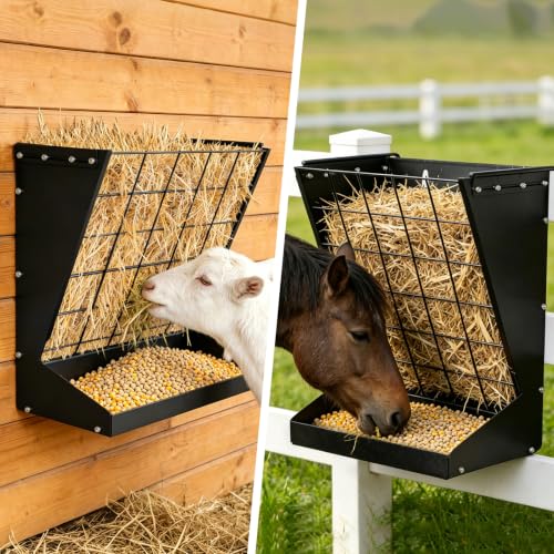 2 in 1 Wall Mount Hay and Grain Feeder, 25 Gallons Livestock Feeder